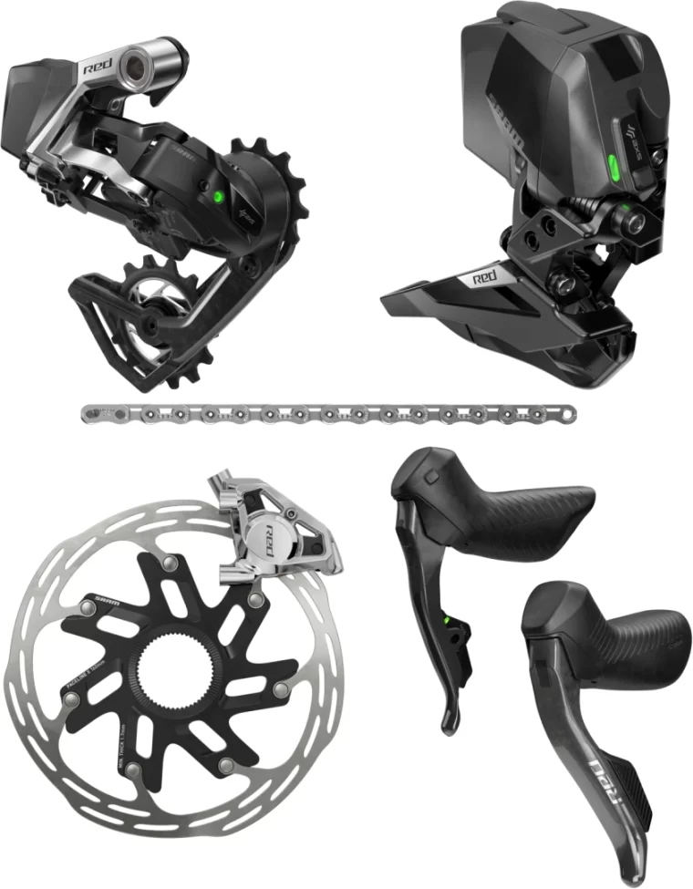 SRAM Sada s kotouč Red eTap AXS 2X E1 (Hammerhead Karoo, páky s kot. brzdou s Flat Mount, řetěz Red 114l, Přehazovačka s baterií 36T, Přesmykač s baterií, Kotouče PacelineX CL 160mm, Nabíječka)